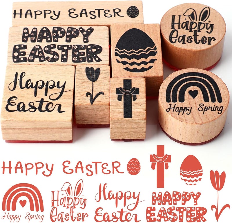 Supervitae 8 Pcs Easter Day Rubber Stamp Set Wooden Rubber Stamps Vintage Wooden Rubber Art Stamps for Crafting and DIY Scrapbooking Card Making Hand Book - Image 1